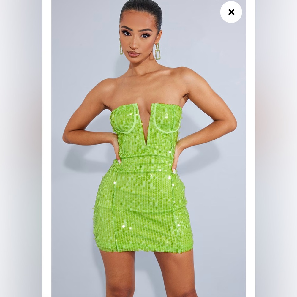 Petite Neon Lime Sequin Corset Detail Bodycon Mini Dress - size 4